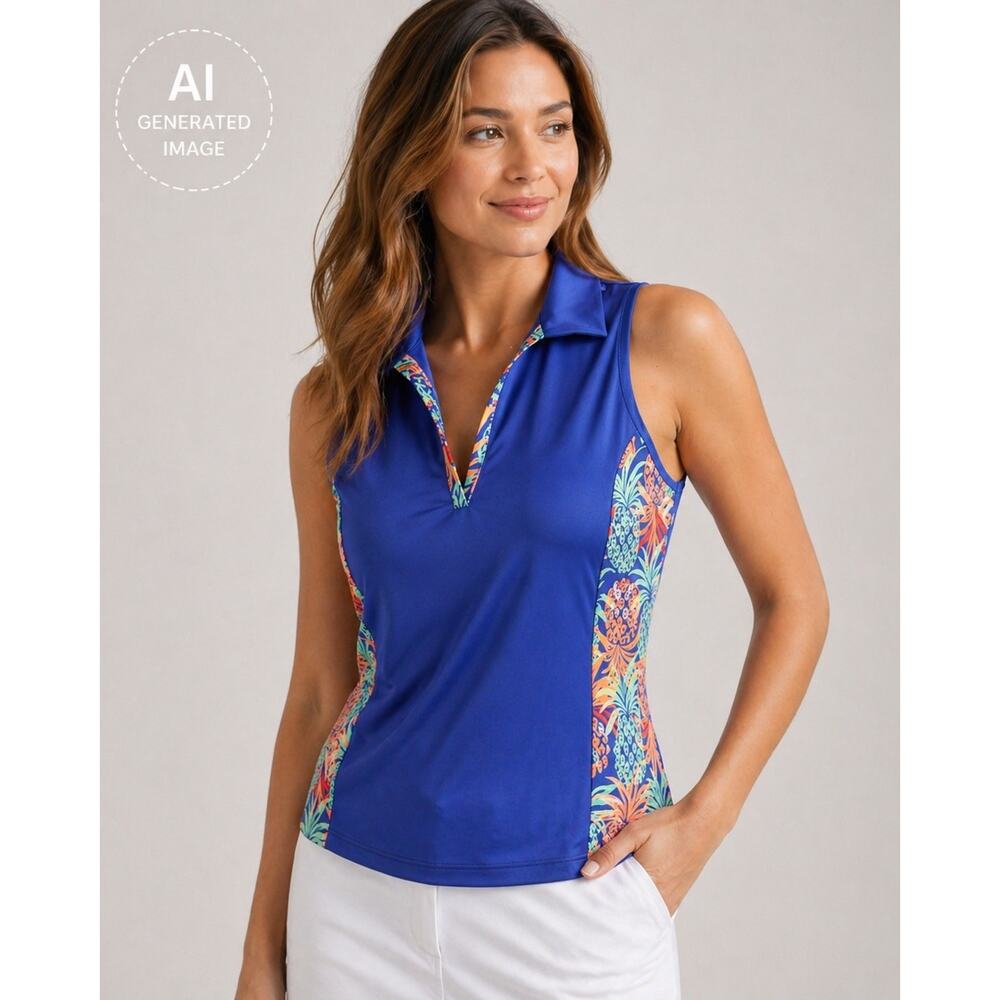 18 Birdies Sleeveless‎ Golf Dress Blue Pineapple Print Polo Collar Sz S